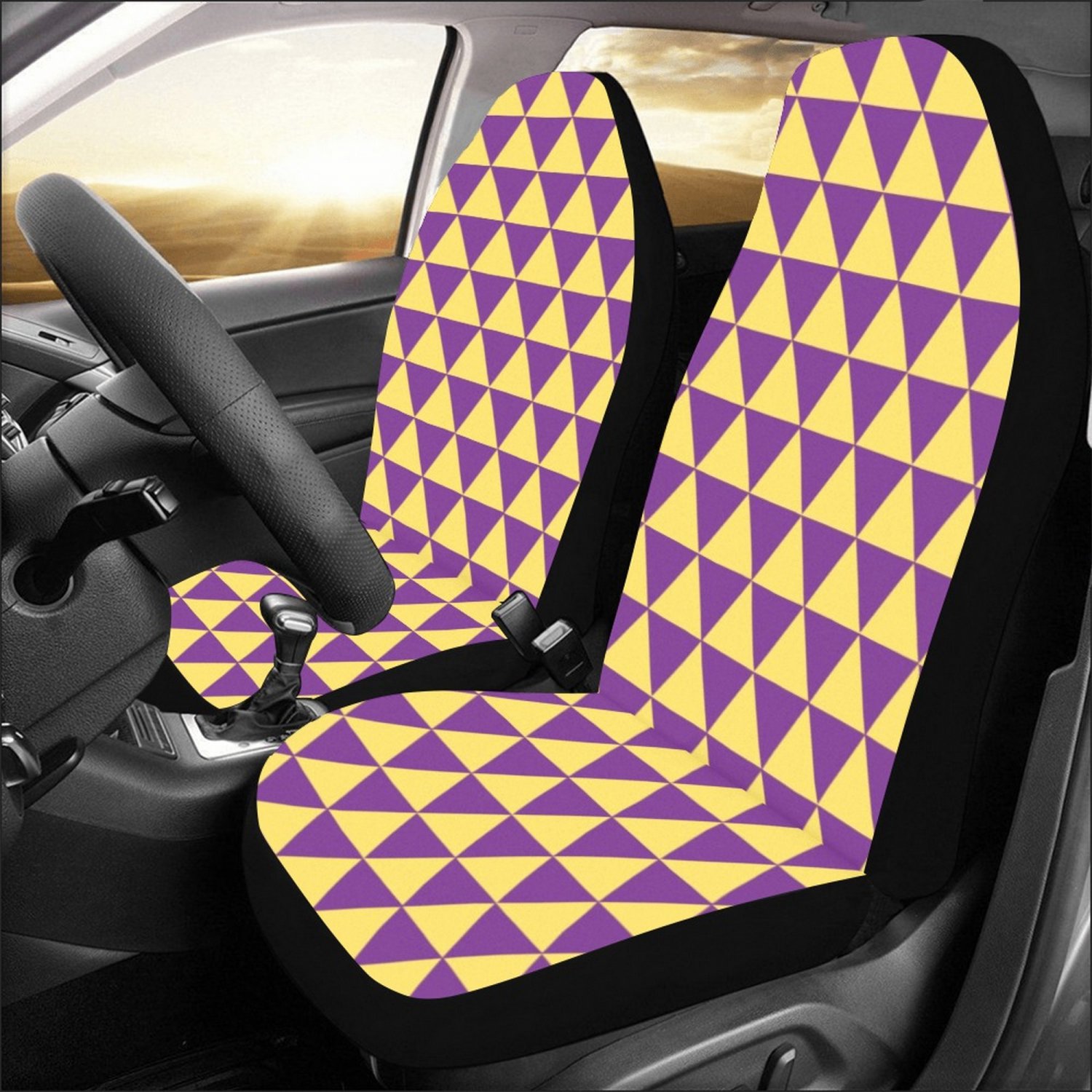 Jojo Anime Inspired Rows of Tessellated Triangles Yellow Purple Car Seat Covers (Set of 2)