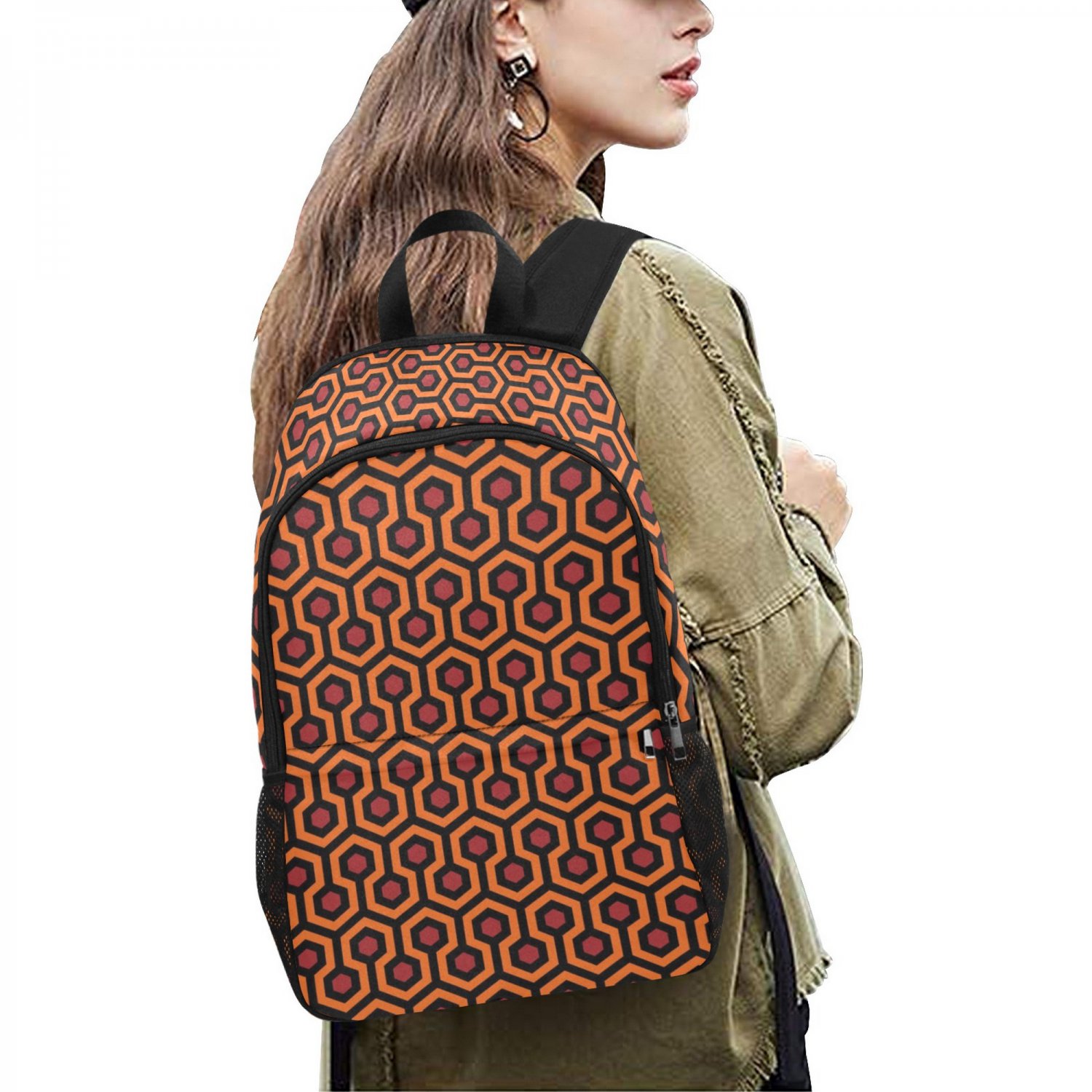 Brown Hotel Hexagon Geometric Pattern Unisex Casual School Backpack with Side Mesh Pockets