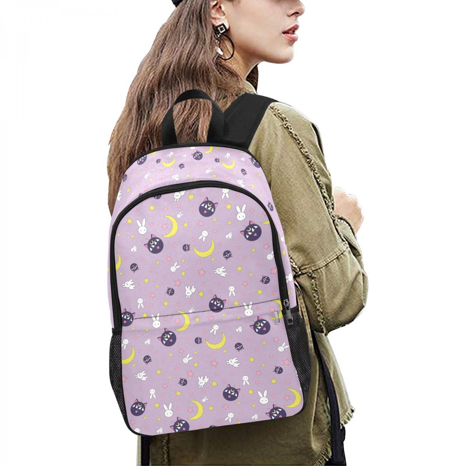Luna Cat Bunny Star Moon Kawaii Anime Casual School Backpack with Side Mesh Pockets