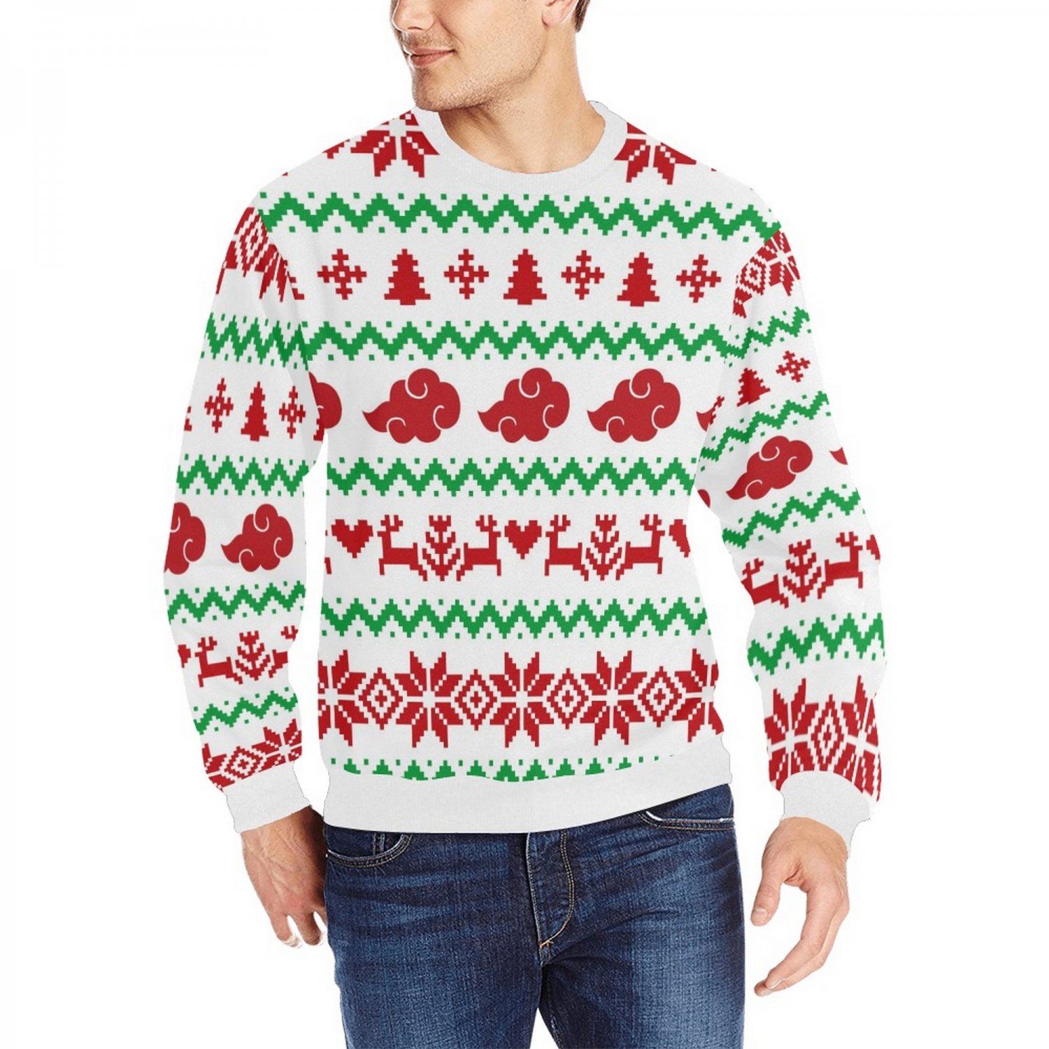 Men 's White Anime Cloud Ugly Christmas Rib Cuff Crewneck Sweatshirt