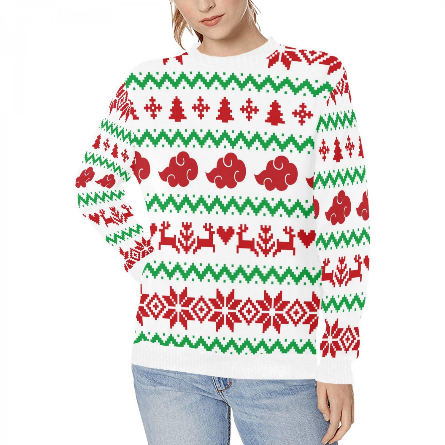 Women's White Anime Cloud Ugly Christmas Rib Cuff Crewneck Sweatshirt