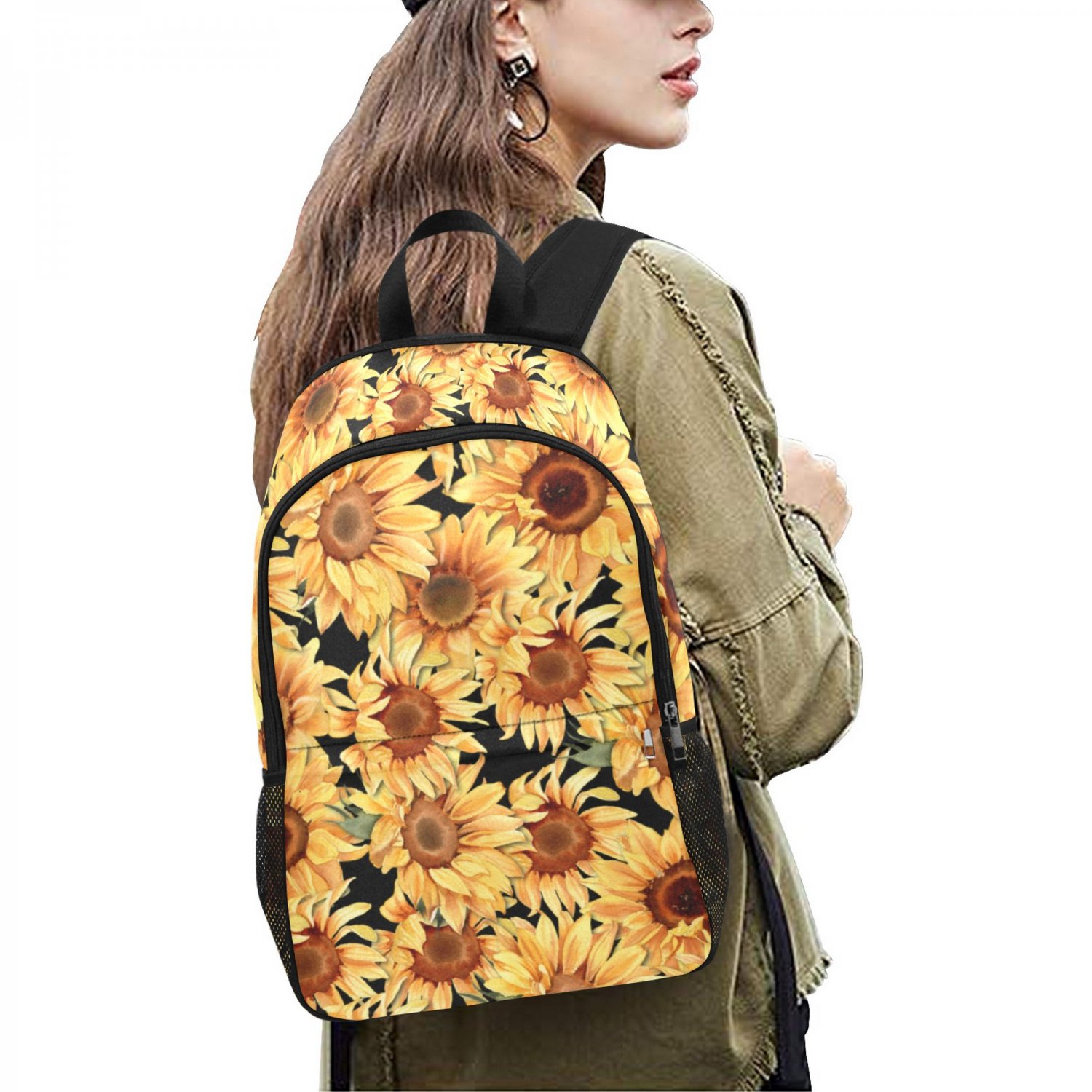 Sunflower Flower Floral Watercolor School Backpack with Side Mesh Pockets