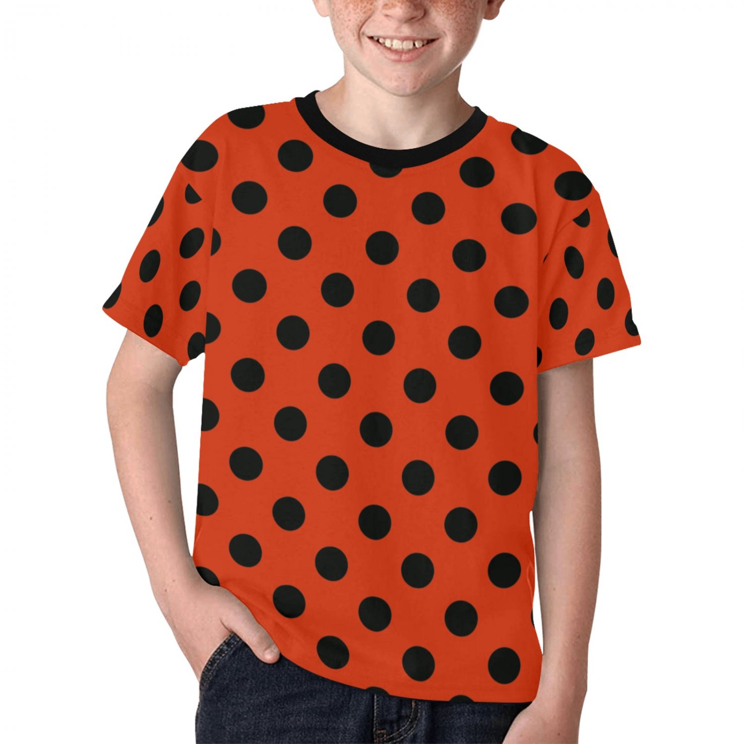 US SIZE Unisex Big Kids' Lady Bug Polkadot Black Red Full Print T-Shirt Tee