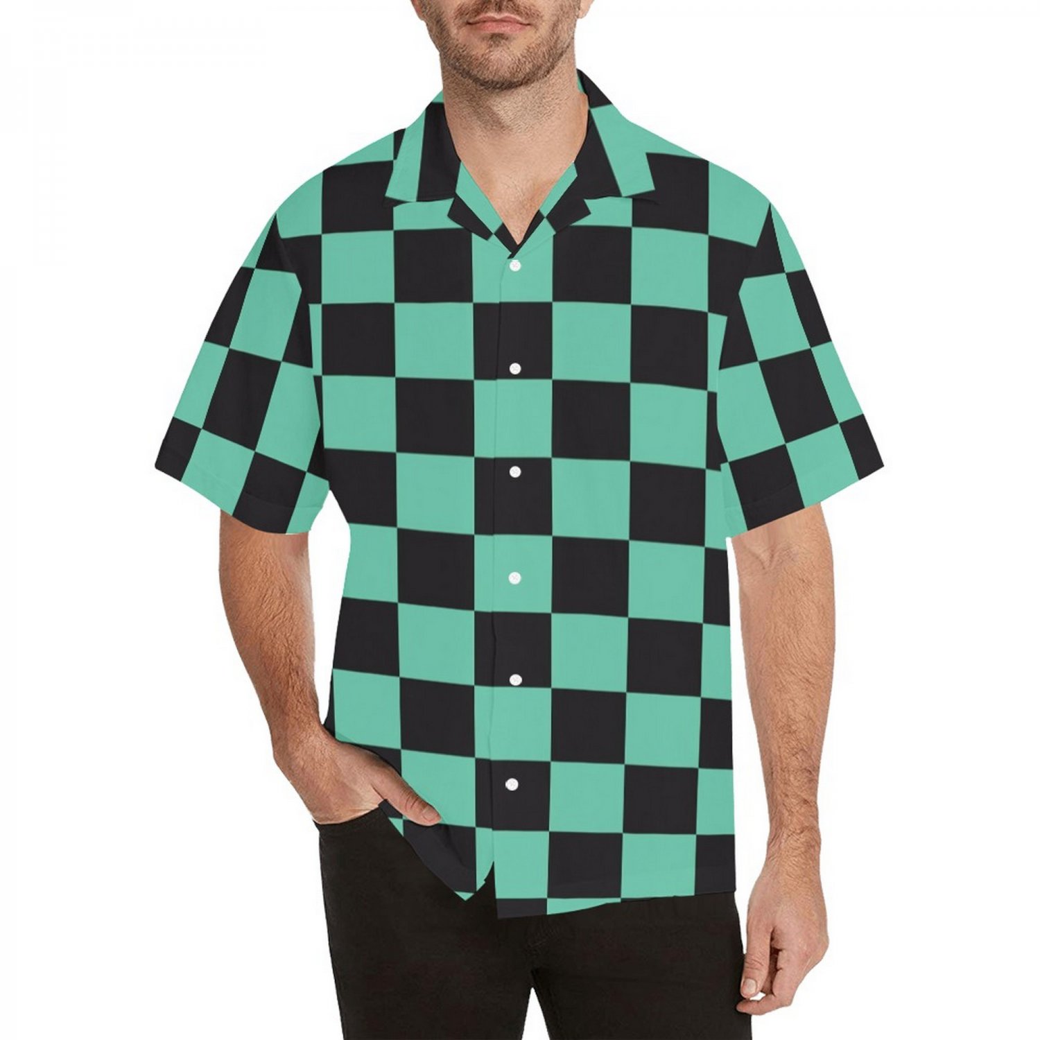 Demon Checkered Black Green Anime Men's All Over Print Hawaiian Shirt