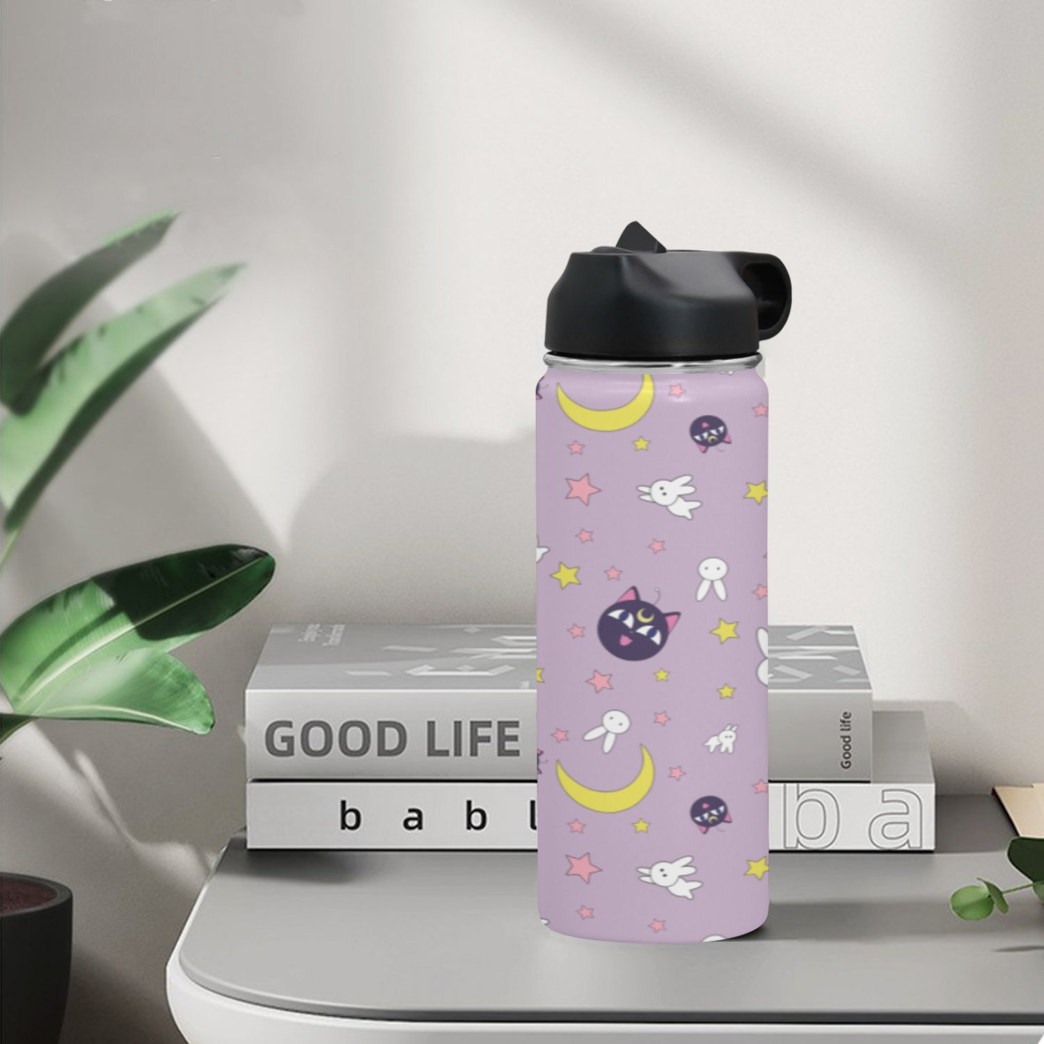 Luna Cat Bunny Star Moon Kawaii Anime Water Insulated Bottles With Straw Lid (18 OZ)