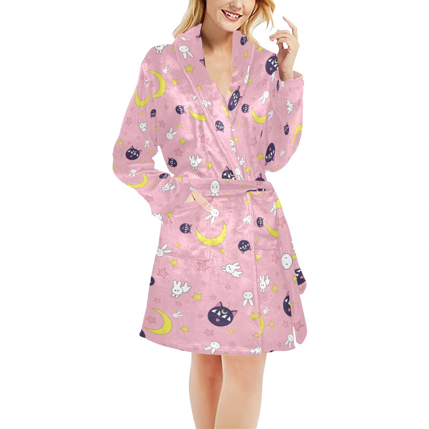 Women's Luna Bunny Star Moon Kawaii Anime Fleece Robe Pink