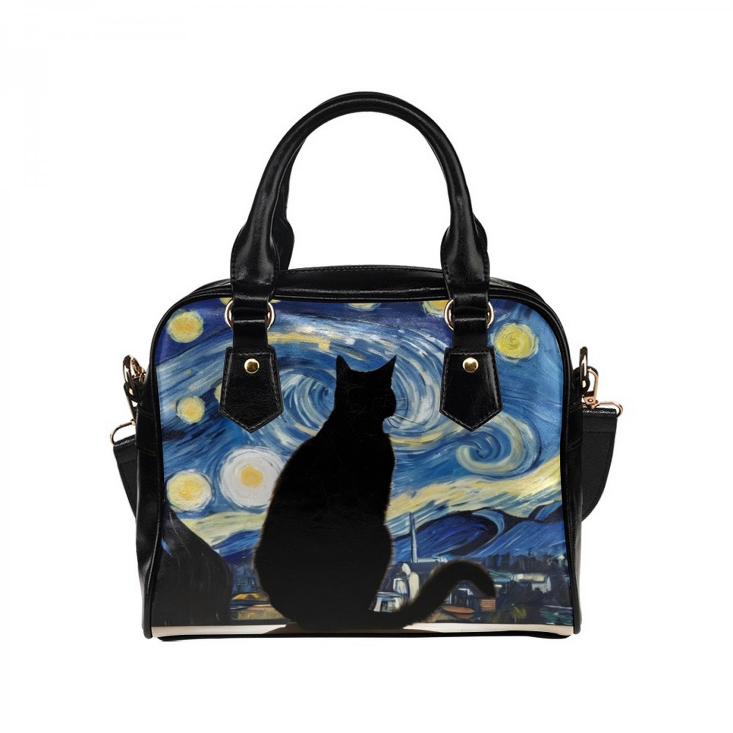 Cat Silhouette Watching Van Gogh Starry Night PU Leather Shoulder Handbag Bag
