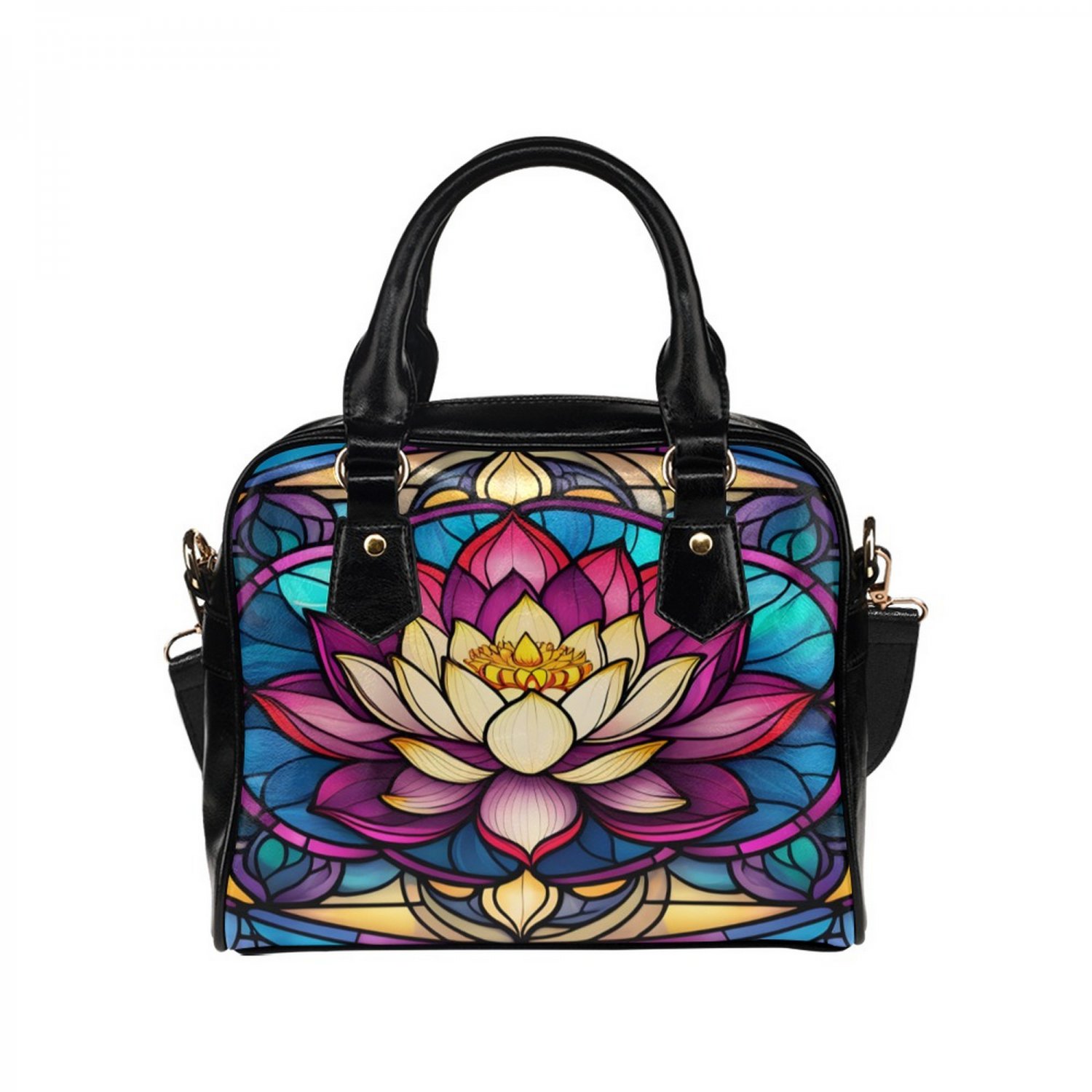 Lotus Mandala Stained Glass Art PU Leather Shoulder Handbag Bag