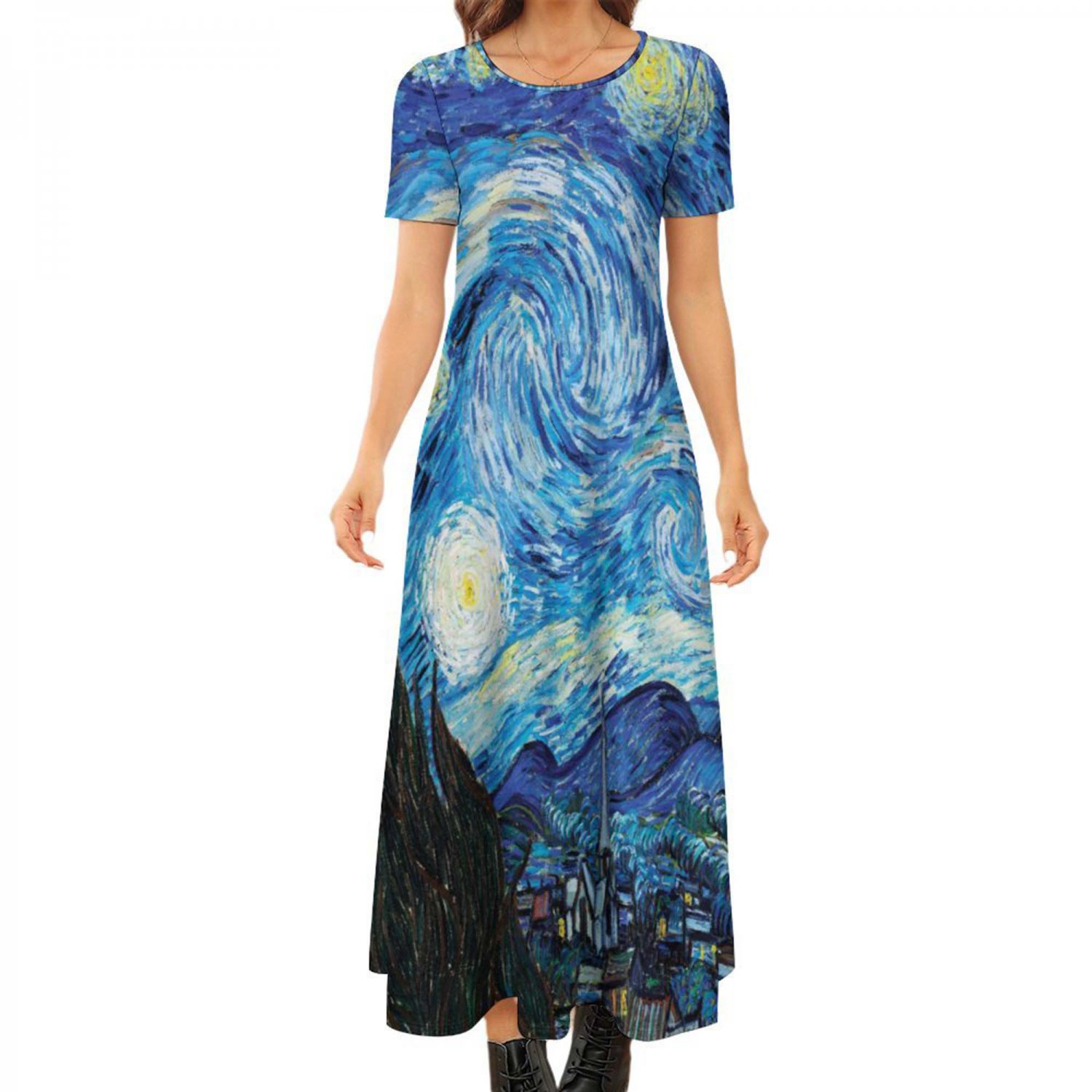 Woman Van Gogh Starry Night Short Sleeve Round-neck Long Dress (Size 2XS to 8XL)