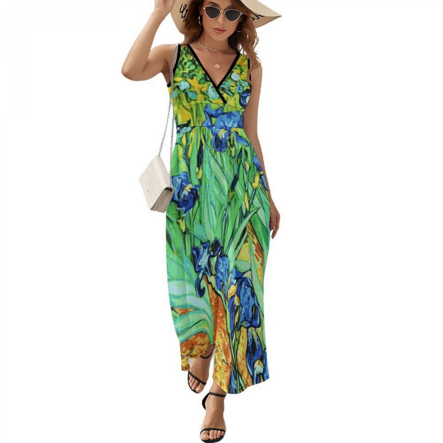Woman Van Gogh Irises Flower Sleeveless Long Dress Party Dress (Size S to 2XL)