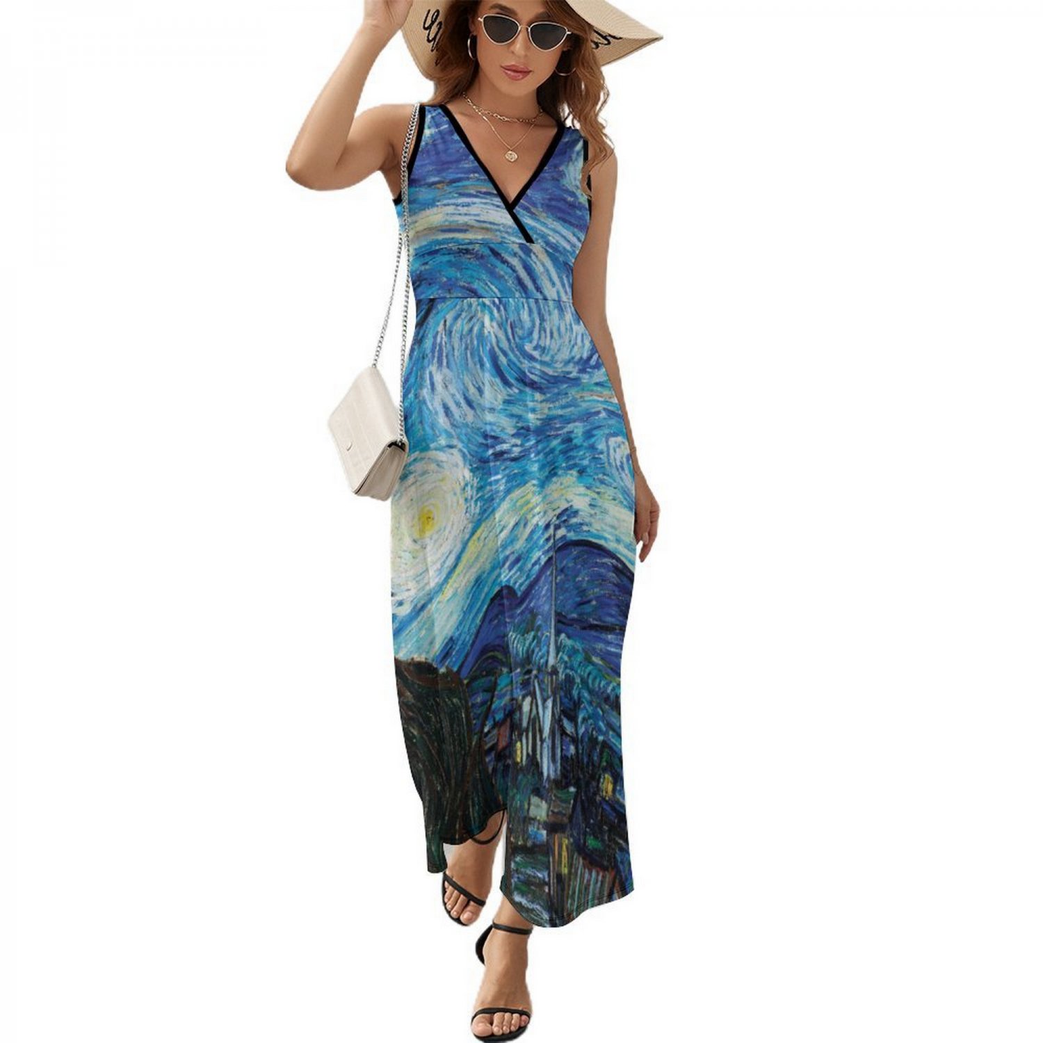 Woman Van Gogh Starry Night Sleeveless Long Dress Beach Dress (Size S to 2XL)