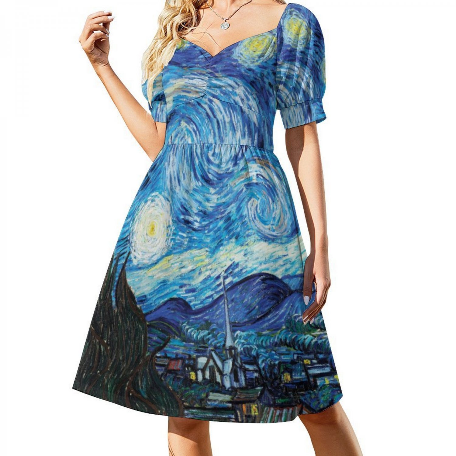 Woman Van Gogh Starry Night Sweetheart Neck Puff Sleeve Dress (Size 2XS — free download