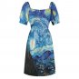 Woman Van Gogh Starry Night Sweetheart Neck Puff Sleeve Dress (Size 2XS to 6XL)