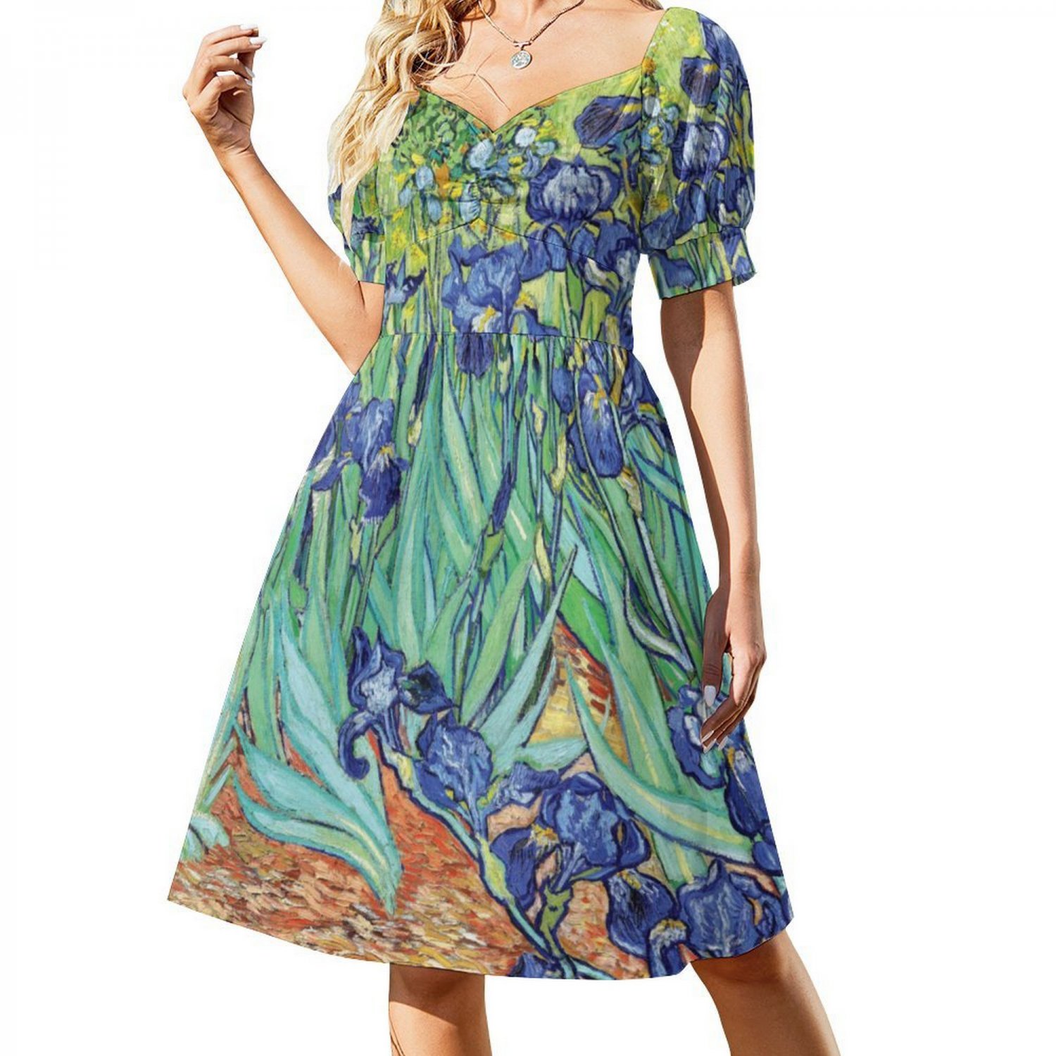 Woman Van Gogh Irises Floral Sweetheart Neck Puff Sleeve Dress (Size 2XS to 6XL)