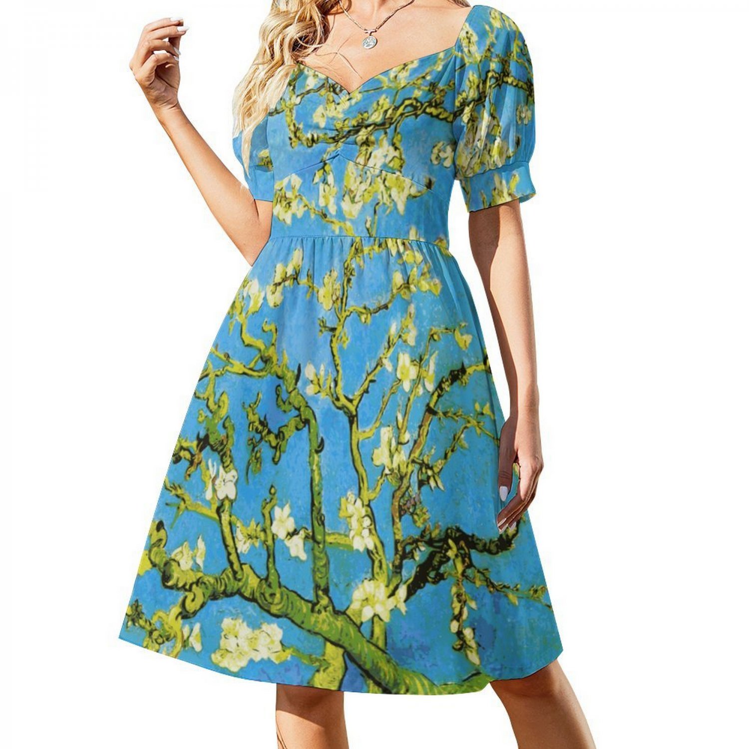 Woman Van Gogh Almond Blossom Sweetheart Neck Puff Sleeve Dress (Size 2XS to 6XL)