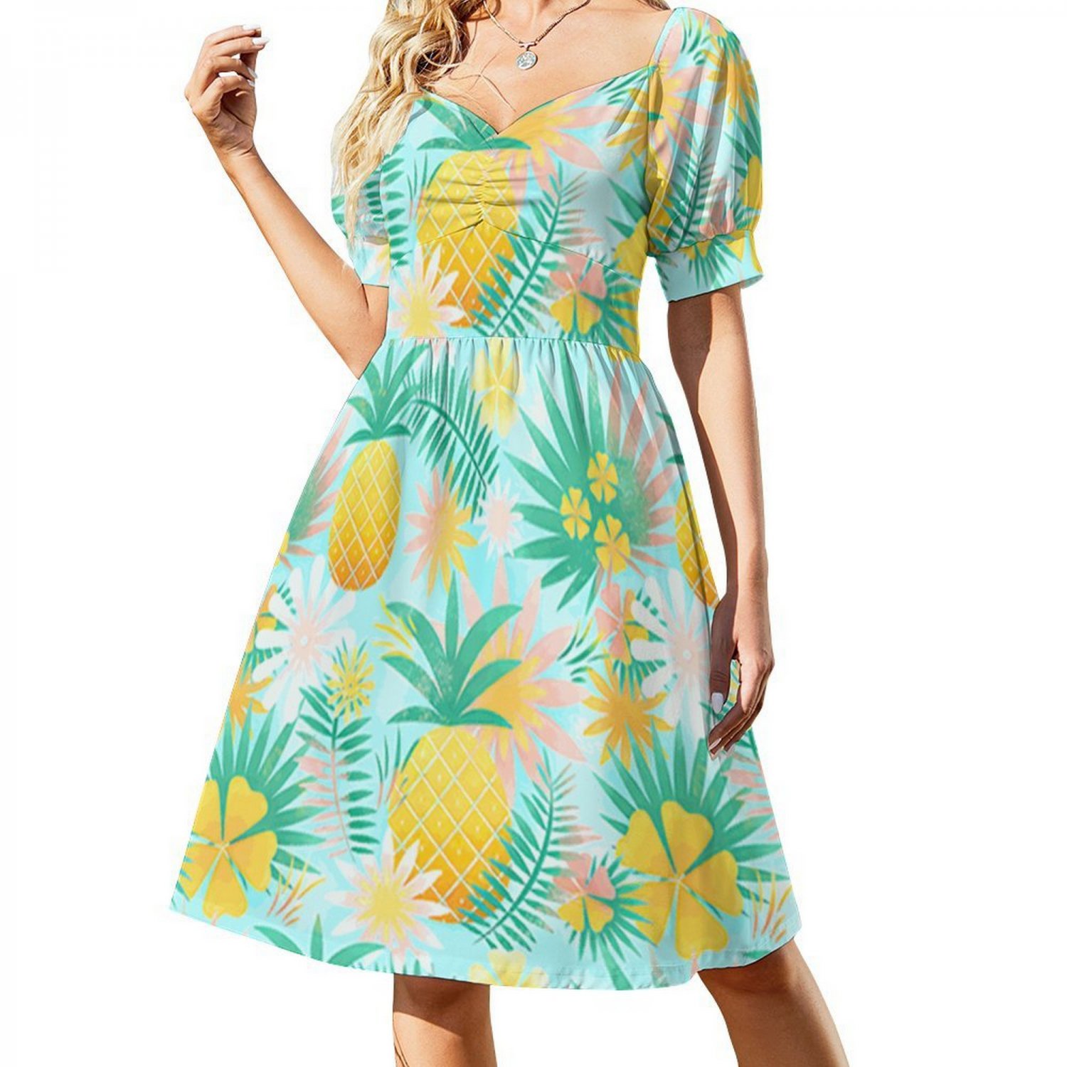 Woman Pineapple Tropical Fruit Sweetheart Neck Puff Sleeve Dress (Size 2XS to 6XL)