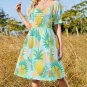 Woman Pineapple Tropical Fruit Sweetheart Neck Puff Sleeve Dress (Size 2XS to 6XL)