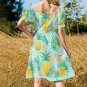Woman Pineapple Tropical Fruit Sweetheart Neck Puff Sleeve Dress (Size 2XS to 6XL)