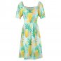 Woman Pineapple Tropical Fruit Sweetheart Neck Puff Sleeve Dress (Size 2XS to 6XL)