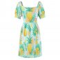 Woman Pineapple Tropical Fruit Sweetheart Neck Puff Sleeve Dress (Size 2XS to 6XL)