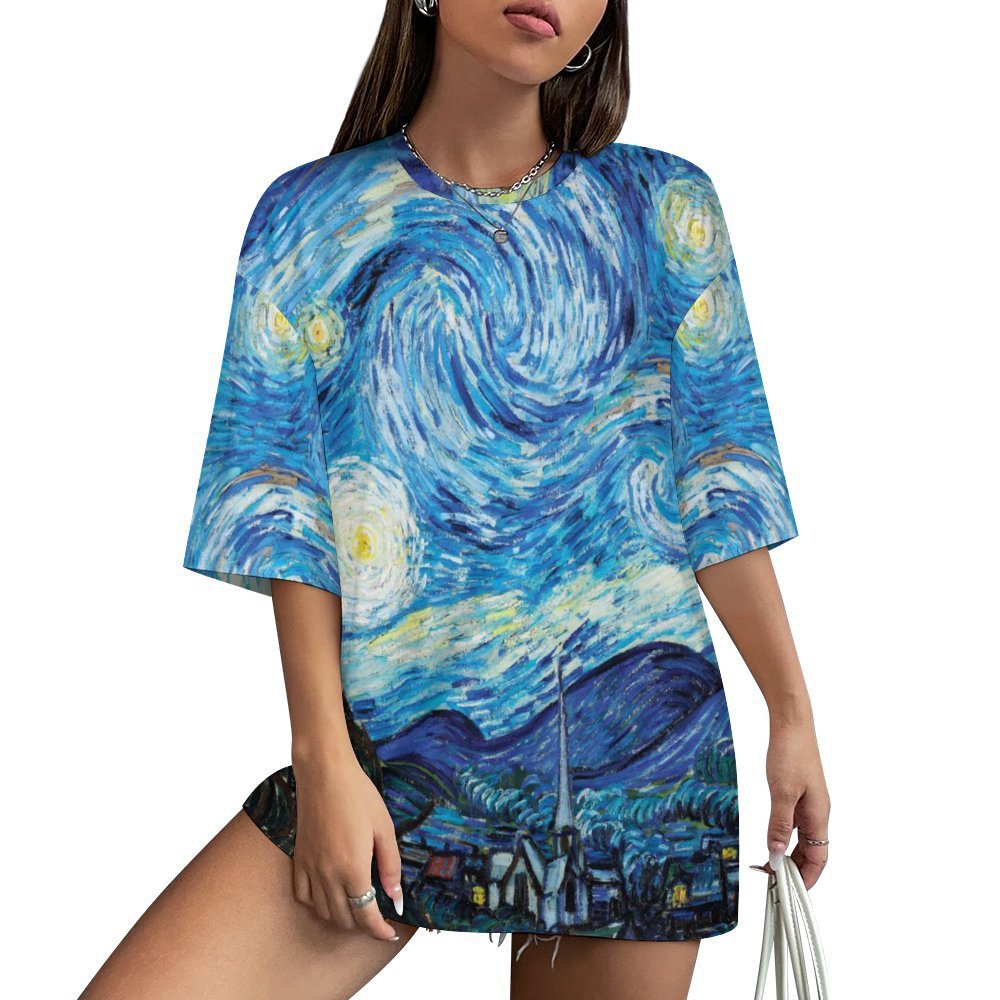 Woman's Starry Night Art Loose Fit Drop-Shoulder Mid-Sleeve T-Shirt (Size S to 5XL)