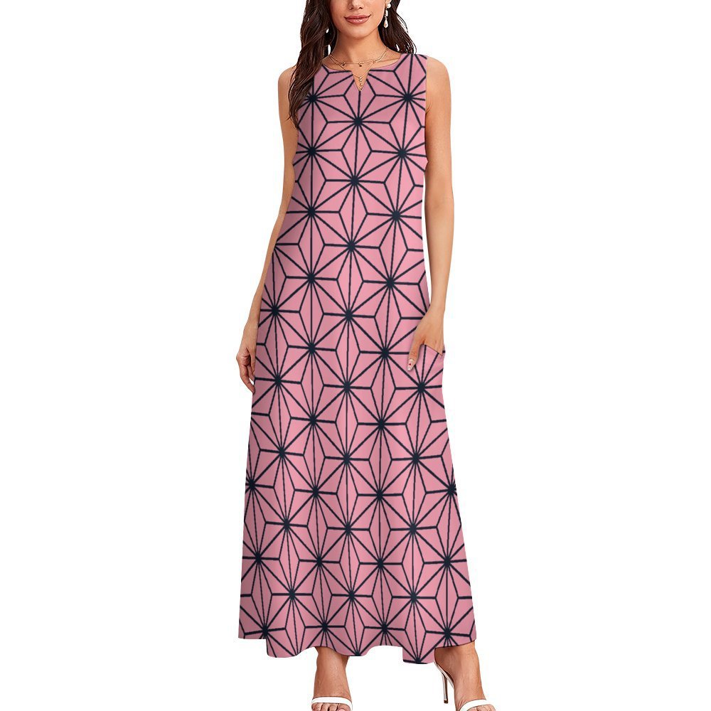 Woman Asanoha Japanese Pattern Sleeveless Loose Fit Long Dress (Size S to 5XL)