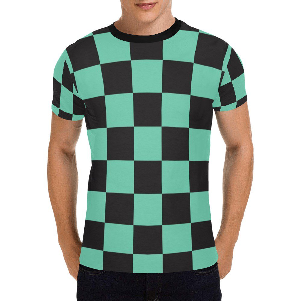 US SIZE Demon Anime Checkered Black Green Men's Full Print T-Shirt Tee