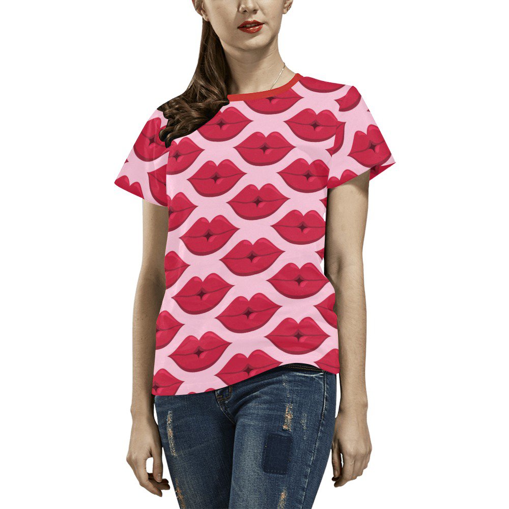 US SIZE Woman's Red Lips All Over Print T-shirt Tee