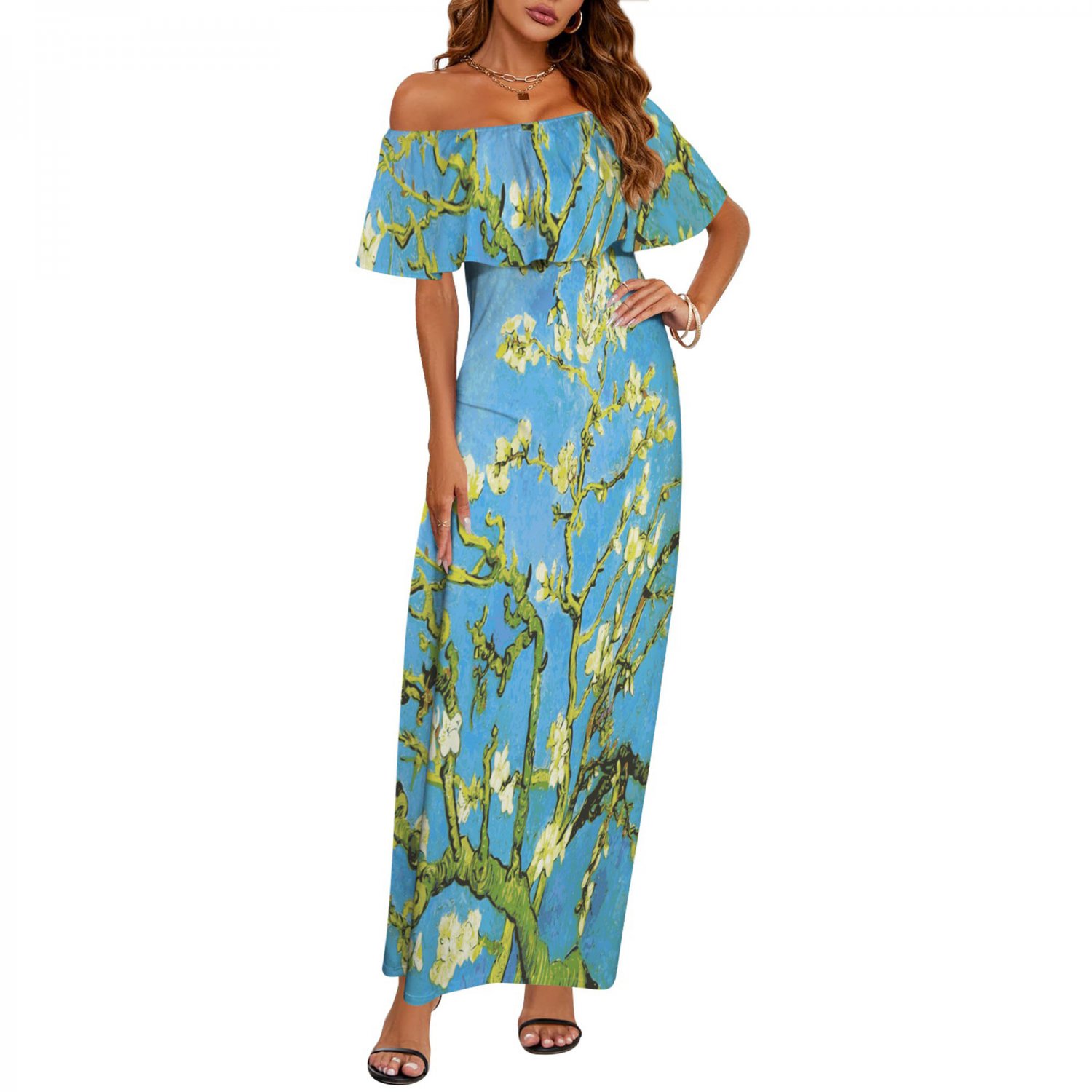 Woman Van Gogh Almond Blossom Off Shoulder Ruffle Boat Neck Dress (Size S to 6XL)