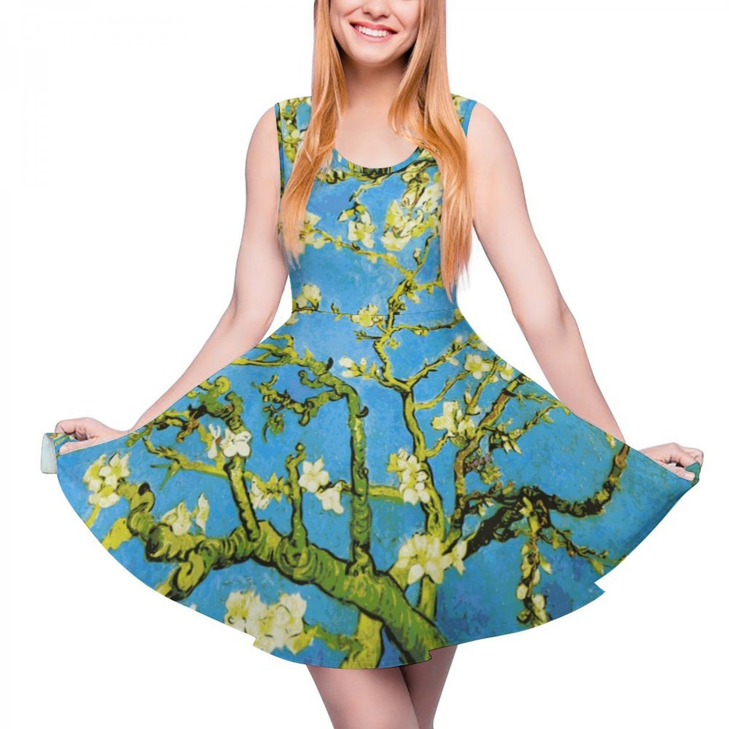 Woman Van Gogh Almond Blossom Sleeveless Skater Dress (Size XS to 5XL)