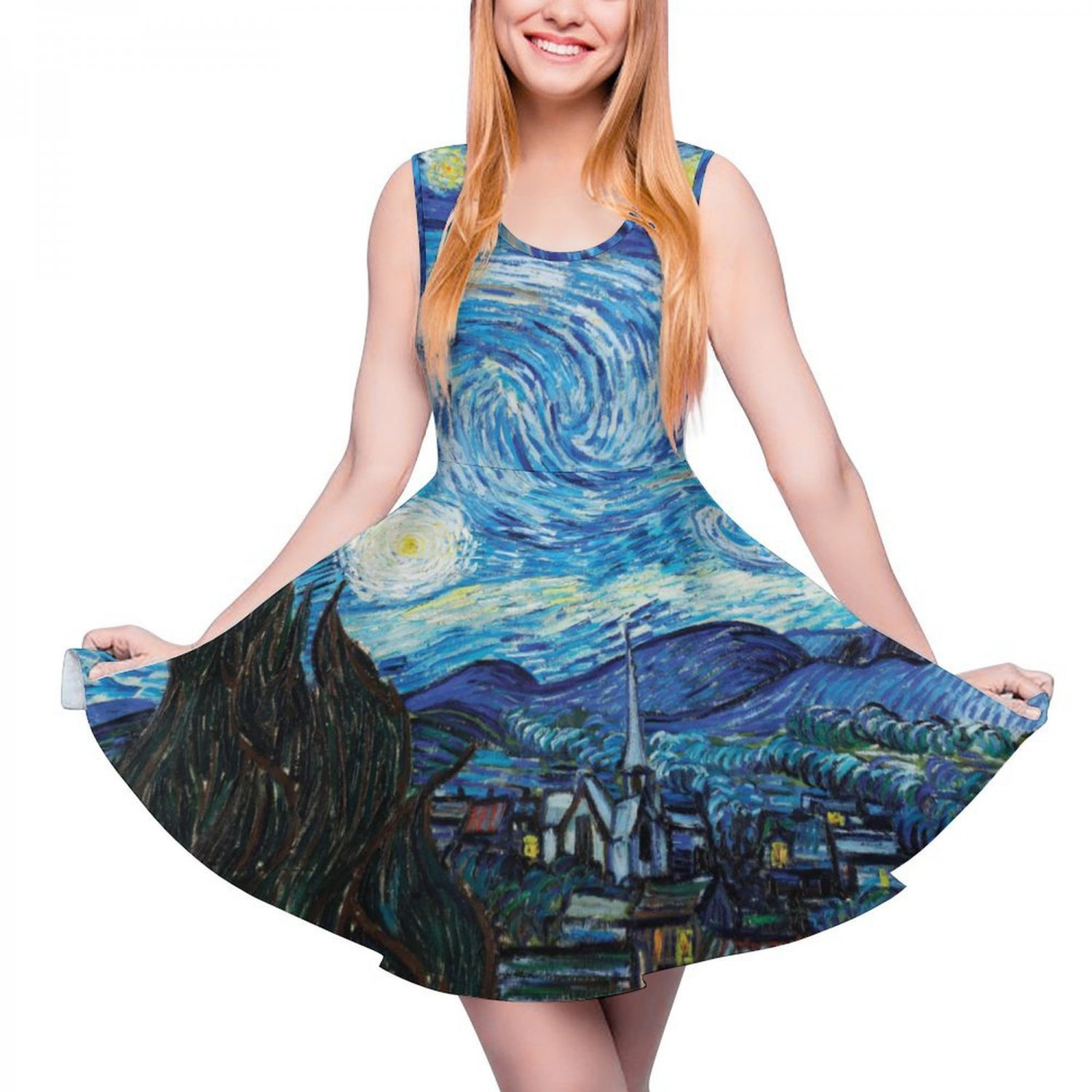 Woman Van Gogh Starry Night Sleeveless Skater Dress (Size XS to 5XL)