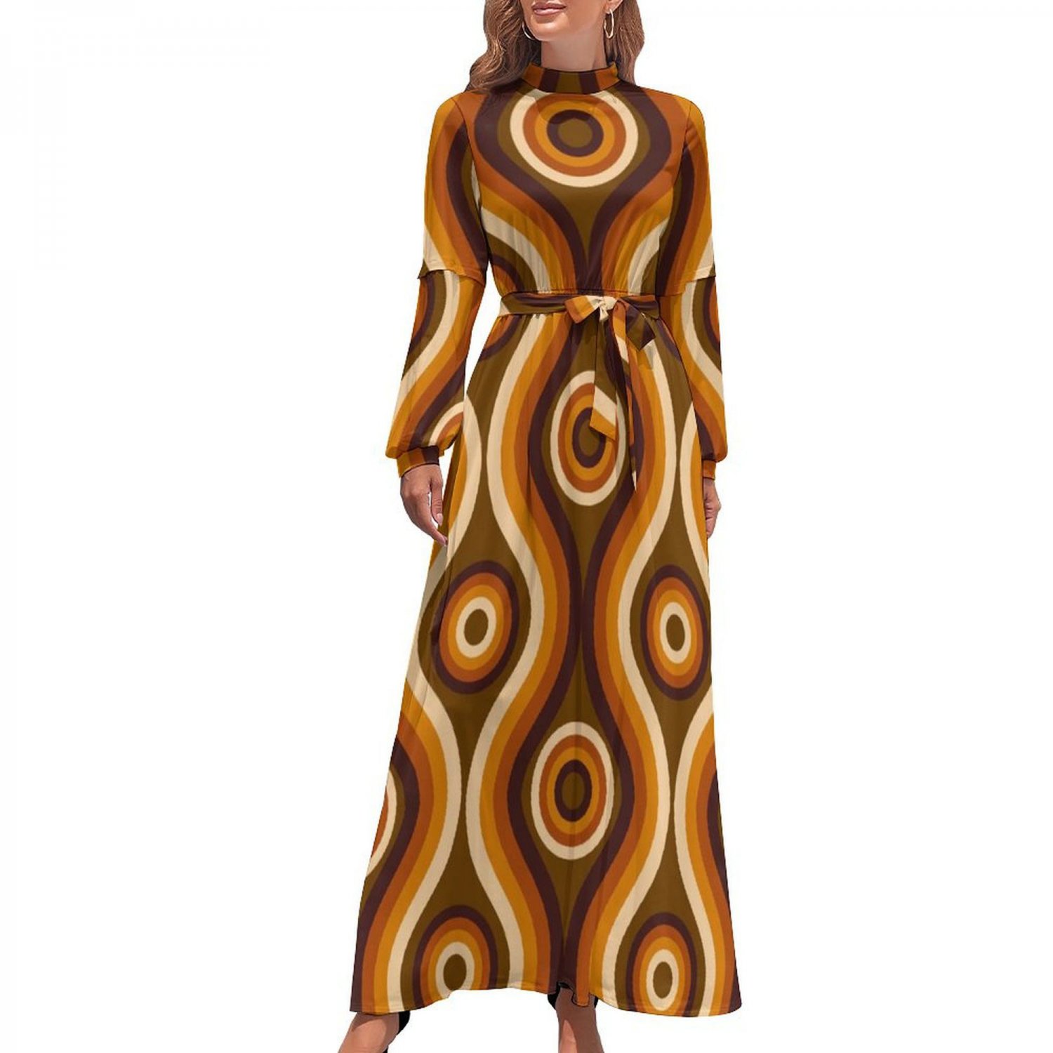 Woman 70s Vintage Groovy Circle Long Sleeve High Neck Long Dress (Size XS to XL)