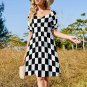 Woman Black White Checkered Checkerboard Sweetheart Neck Puff Sleeve Dress (Size 2XS to 6XL)