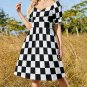 Woman Black White Checkered Checkerboard Sweetheart Neck Puff Sleeve Dress (Size 2XS to 6XL)