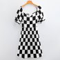 Woman Black White Checkered Checkerboard Sweetheart Neck Puff Sleeve Dress (Size 2XS to 6XL)