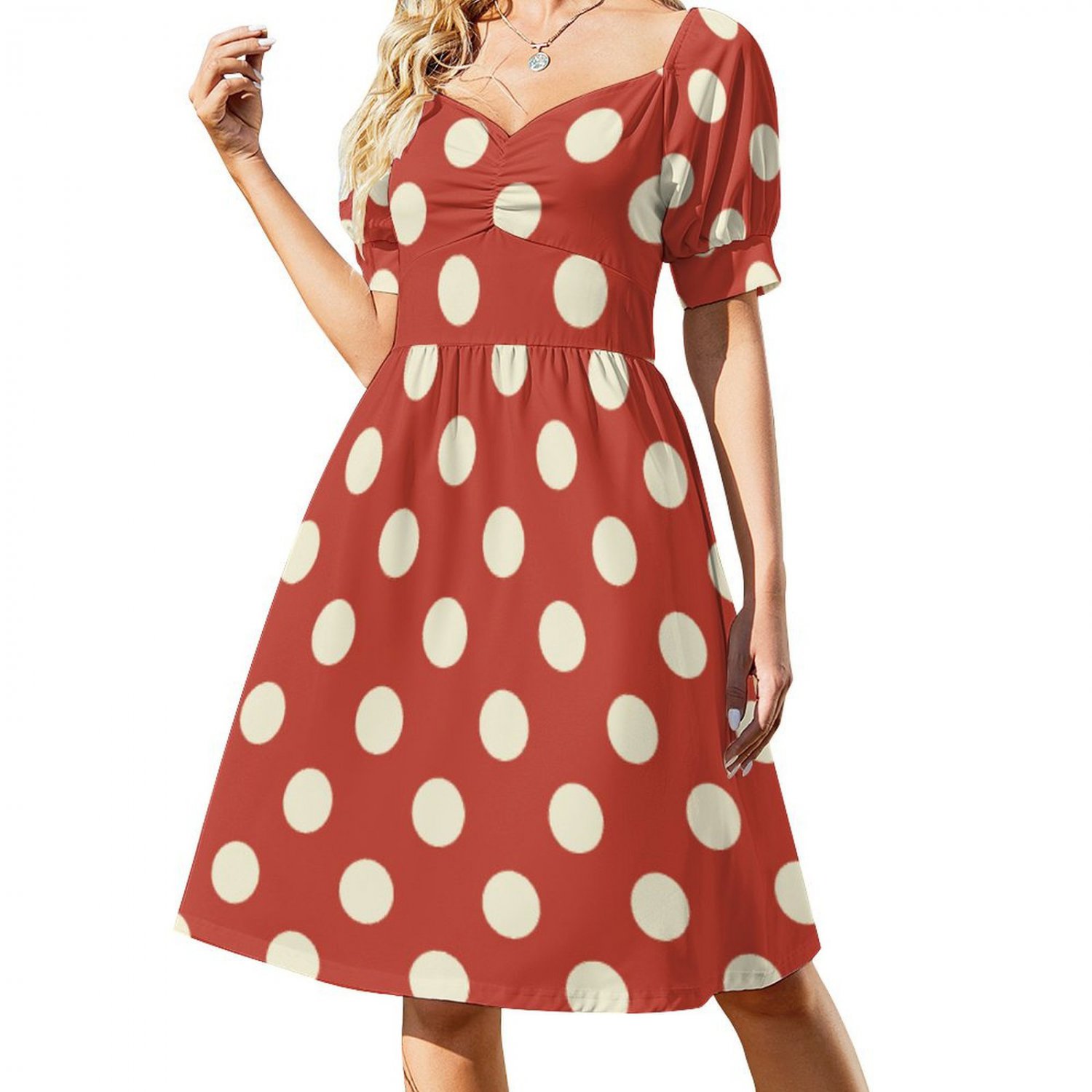 Woman Red White Polka Dot Sweetheart Neck Puff Sleeve Dress (Size 2XS to 6XL)