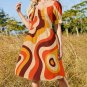 Woman 70s Vintage Groovy Vibes Retro Psychedelic Sweetheart Neck Puff Sleeve Dress (Size 2XS to 6XL)