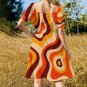 Woman 70s Vintage Groovy Vibes Retro Psychedelic Sweetheart Neck Puff Sleeve Dress (Size 2XS to 6XL)