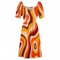 Woman 70s Vintage Groovy Vibes Retro Psychedelic Sweetheart Neck Puff Sleeve Dress (Size 2XS to 6XL)