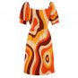 Woman 70s Vintage Groovy Vibes Retro Psychedelic Sweetheart Neck Puff Sleeve Dress (Size 2XS to 6XL)