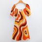Woman 70s Vintage Groovy Vibes Retro Psychedelic Sweetheart Neck Puff Sleeve Dress (Size 2XS to 6XL)