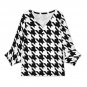 Women's Houndstooth Black White V-Neck Petal Sleeve Blouse (Size S-5XL)