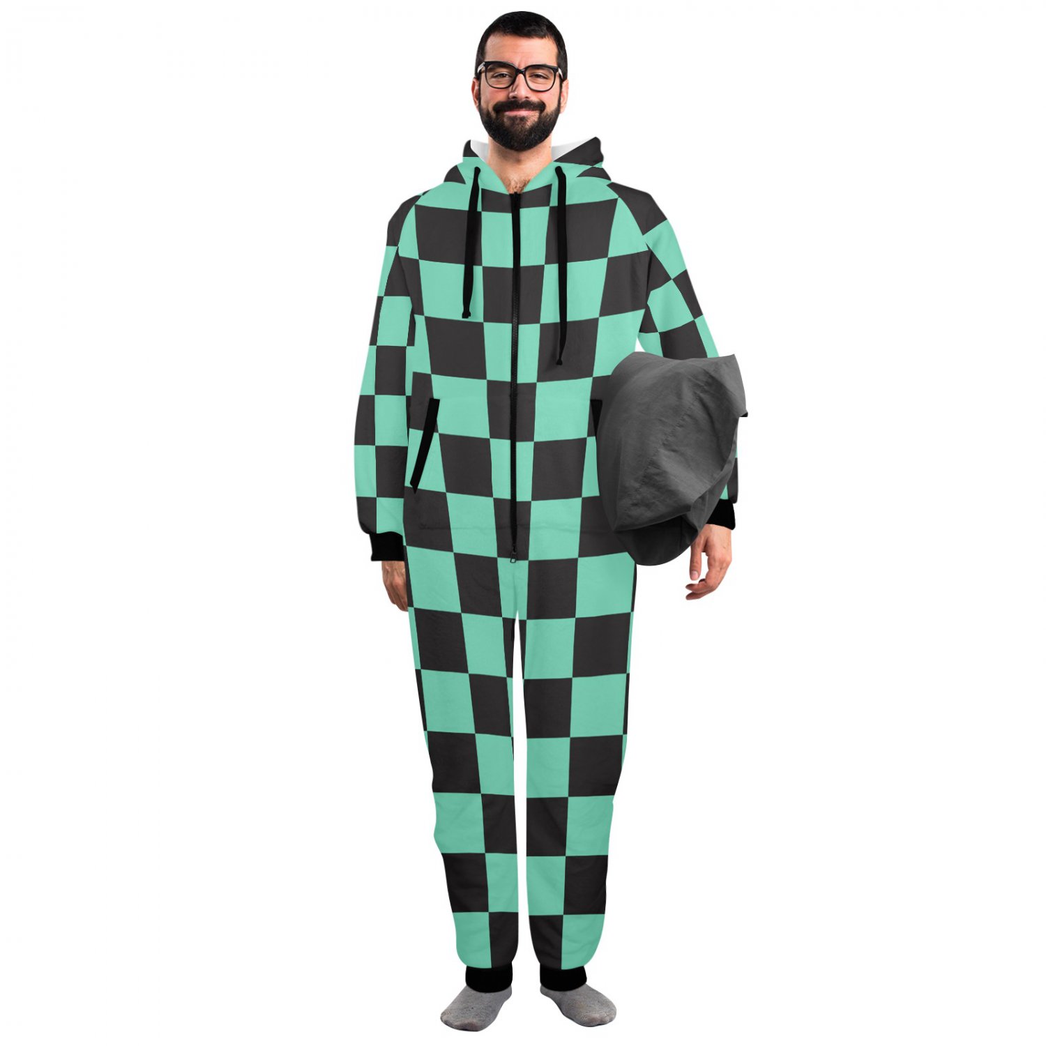 Checkered Black Green Anime Flannel Hooded Onesie Pajamas For Adults