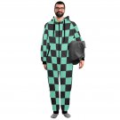 Checkered Black Green Anime Flannel Hooded Onesie Pajamas For Adults