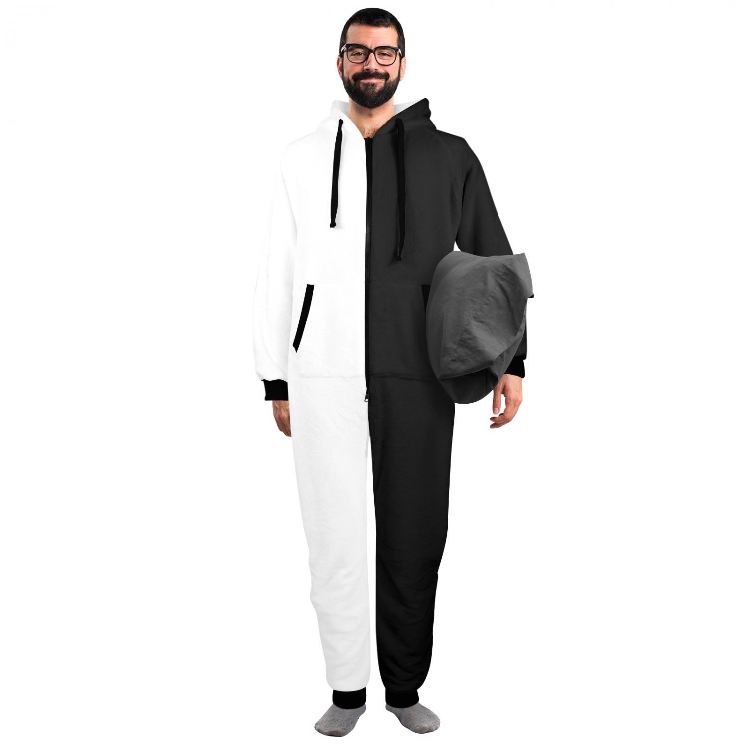 Two Tone Black and White Flannel Hooded Onesie Pajamas For Adults