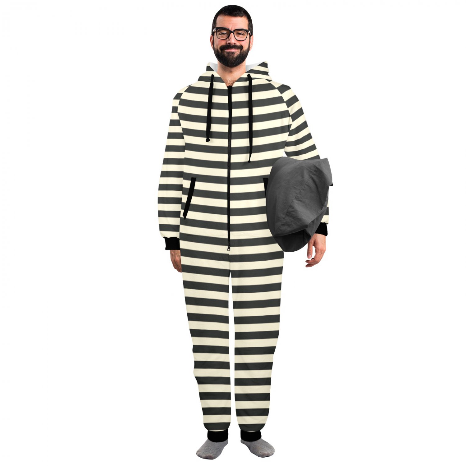 Stripe Black and Broken White Flannel Hooded Onesie Pajamas For Adults