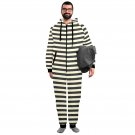 Stripe Black and Broken White Flannel Hooded Onesie Pajamas For Adults