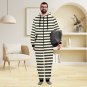 Stripe Black and Broken White Flannel Hooded Onesie Pajamas For Adults