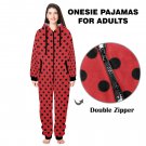 Lady Bug Polkadot Black Red Flannel Hooded Onesie Pajamas For Adults