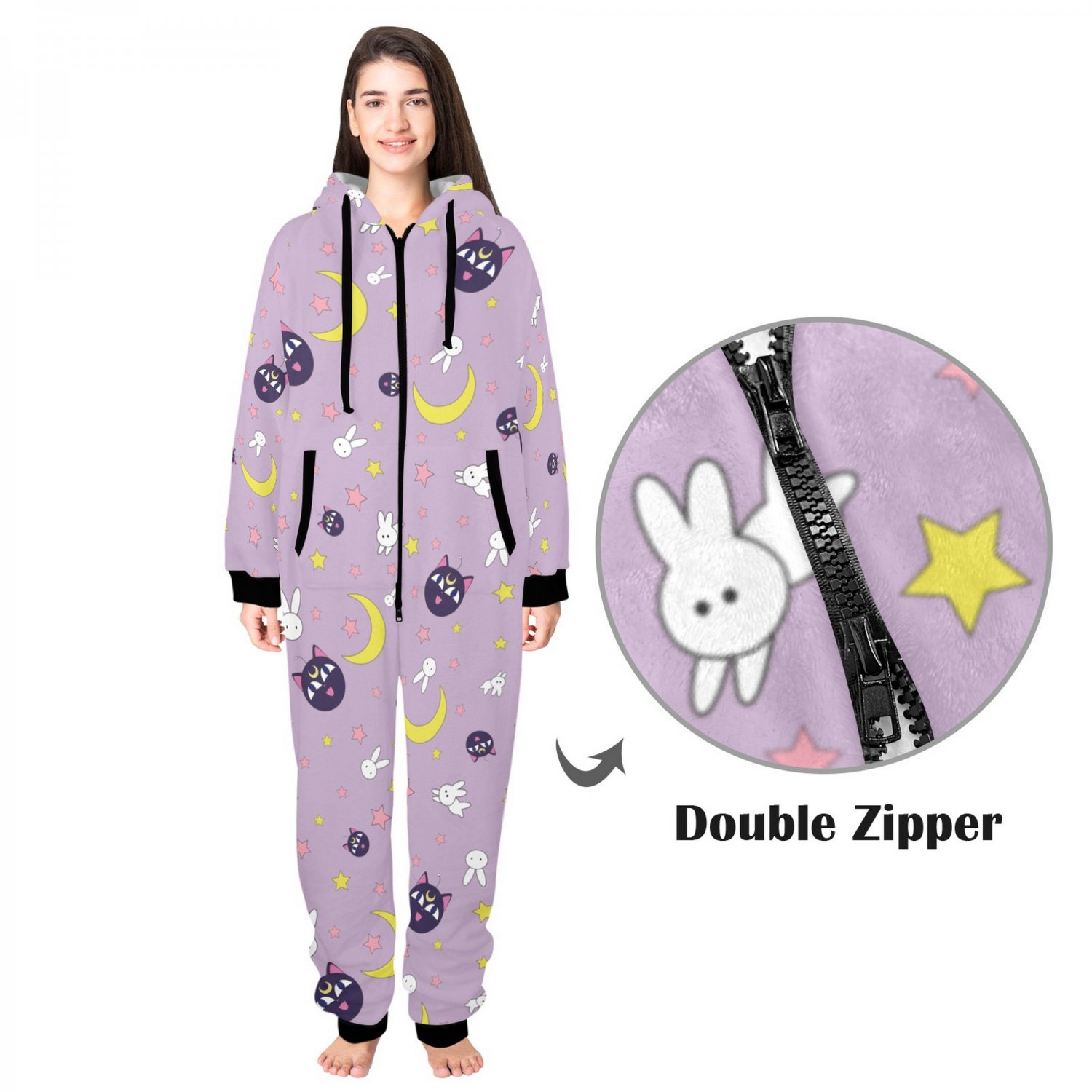 Luna Bunny Star Moon Kawaii Anime Flannel Hooded Onesie Pajamas For Adults